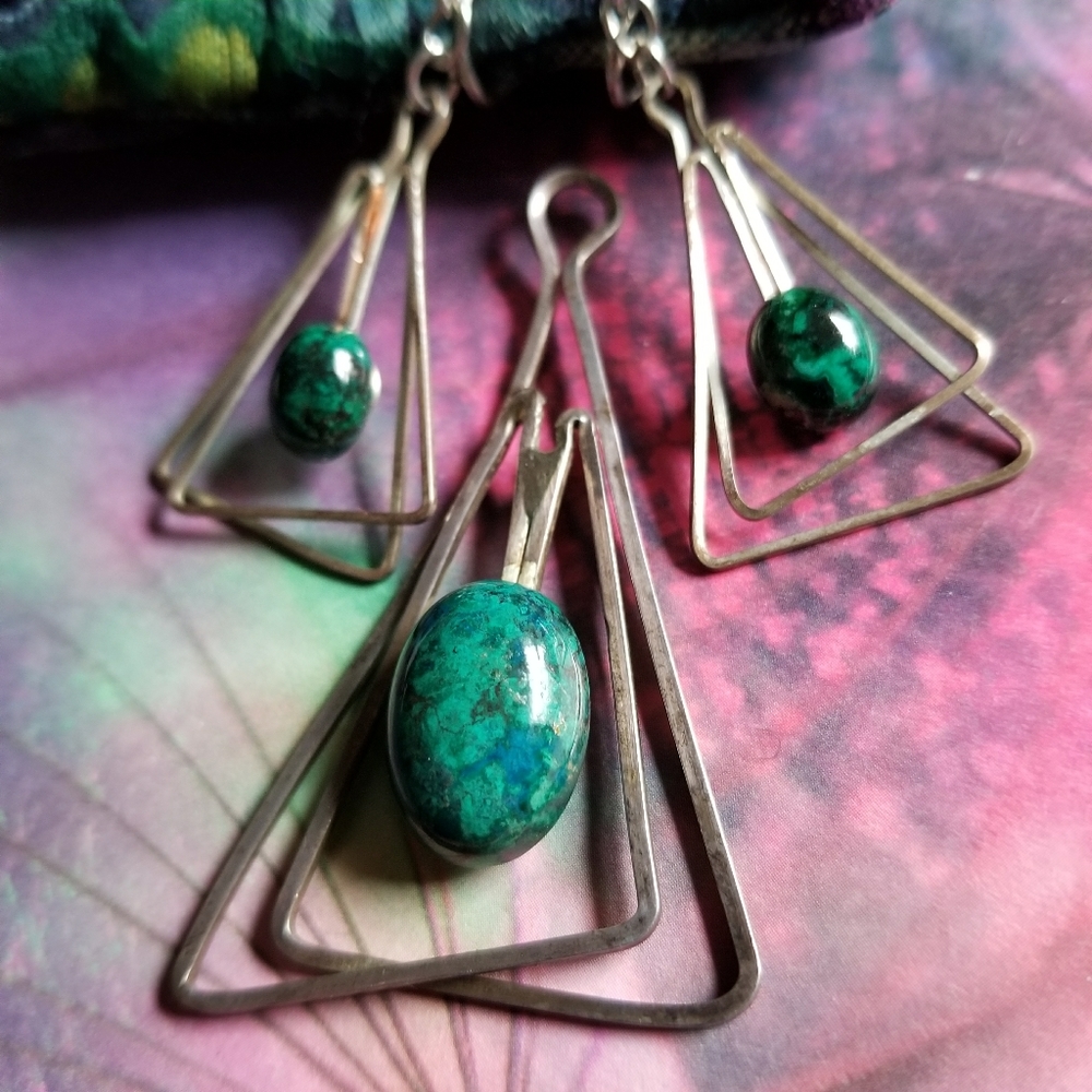 Vintage Chrysoccola set earrings pendant silver tone gemstone green - Picture 2 of 8